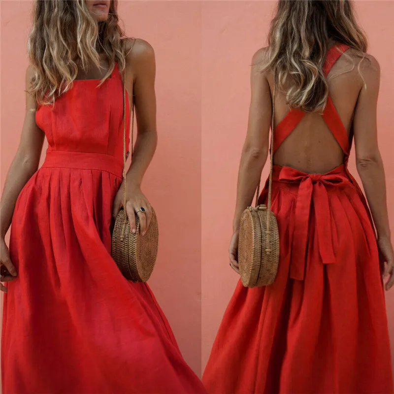 Женское летнее богемное длинное платье макси на бретелях, сексуальные вечерние платья красного цвета с открытой спиной, пляжный сарафан, vestido mujer