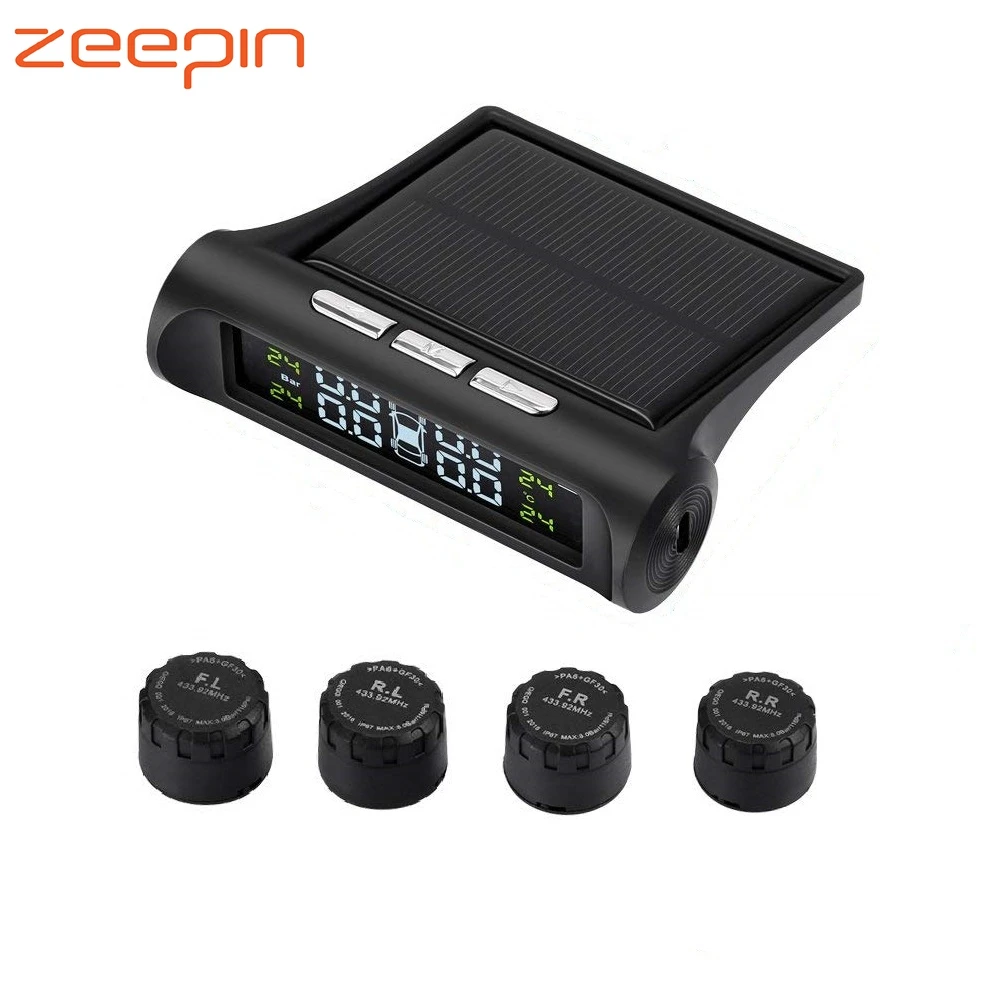

Solar Power USB Wireless Car TPMS Auto Tire Pressure Monitoring System With 4 External Sensors Real-time Temperature Tyre Alarm