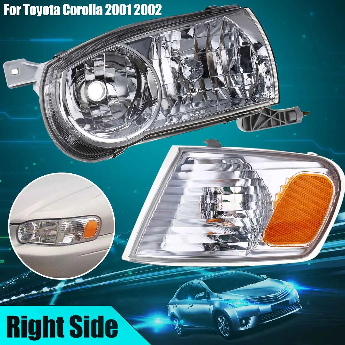 

1 Set Car Headlight Chrome Crystal Right or Left Side + Corner Light For Toyota Corolla 2001 2002