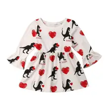 Платье для девочек платье с принтом в виде динозавра и сердца платье принцессы с расклешенными рукавами на День святого Валентина вечерние платья для детей