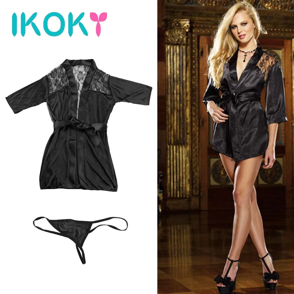 

IKOKY Black Lace Robe Chemises Exotic Apparel Sexy Night Gown Intimate Sleepwear Babydolls Sexy Lingerie Erotic Underwear