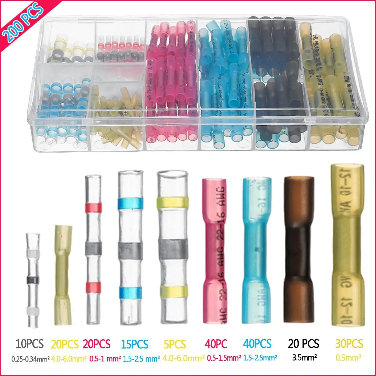 

200PCS Waterproof Solder Seal Wire Connectors and Heat Shrink Butt Connectors With Box