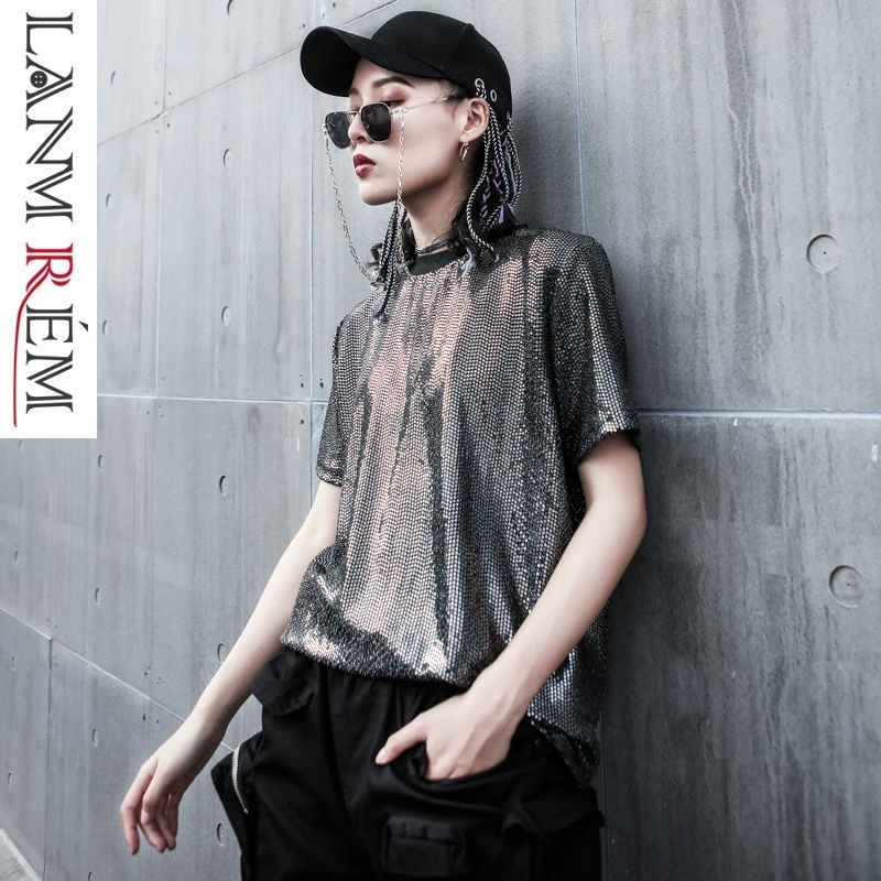 

LANMREM Short Sleeve Bright Sequin Personality Casual T-shirt For Women 2019 Summer New Pattern Fashion Round Collar Tops YH246