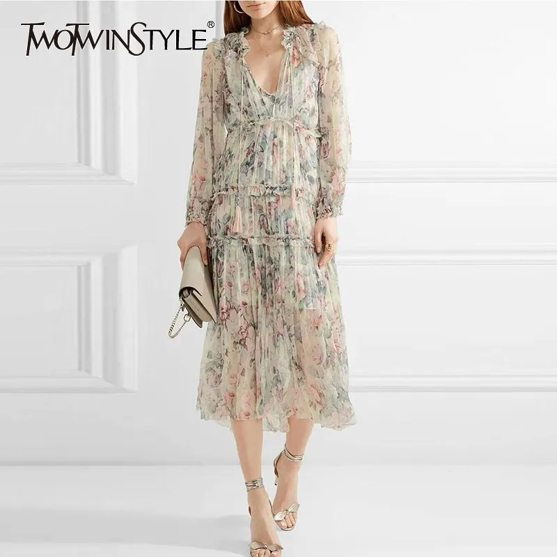 

TWOTWINSTYLE Vintage Print Long Dress High Waist V Neck Long Sleeve Ruffle Asymmetrical Women's Dresses Fashion 2019 Spring