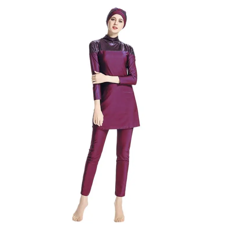 

3 - Piece Set Moslim Badmode Plus Size Vrouwelijke Badpak Strand Badpak Burkinis Voor Moslim Meisjes Pailletten Afdrukken