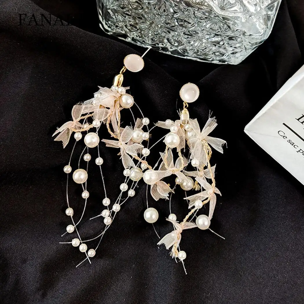 

Simulated String Pearl Dangle Earrings Lace Approx. 10cm 4g Earrings Geometric Wedding Fairy Trendy Bow Eardrop