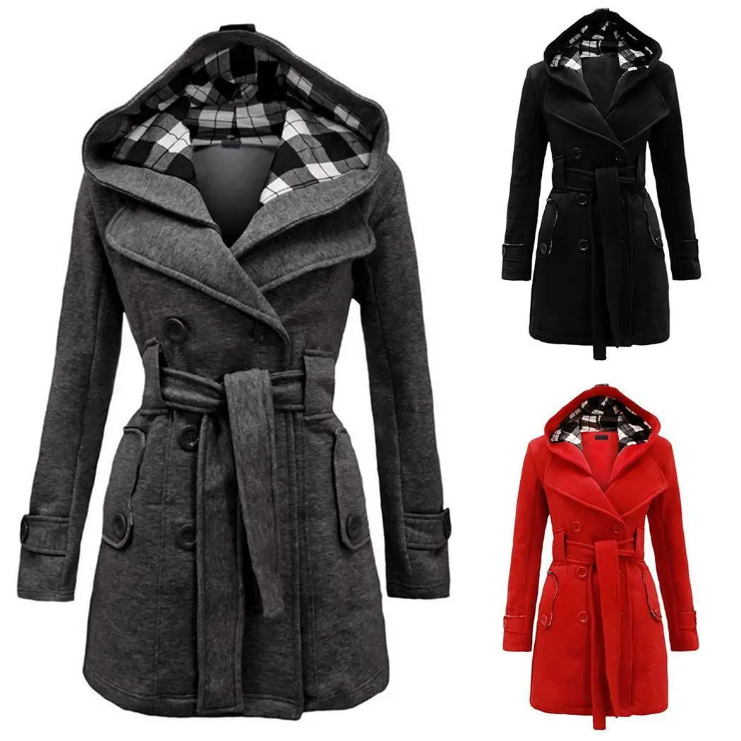 Для женщин на каждый день с капюшоном воротник, длинный рукав, пуговицы, пояс, карман, однотонный двубортное зимнее флисовое пальто