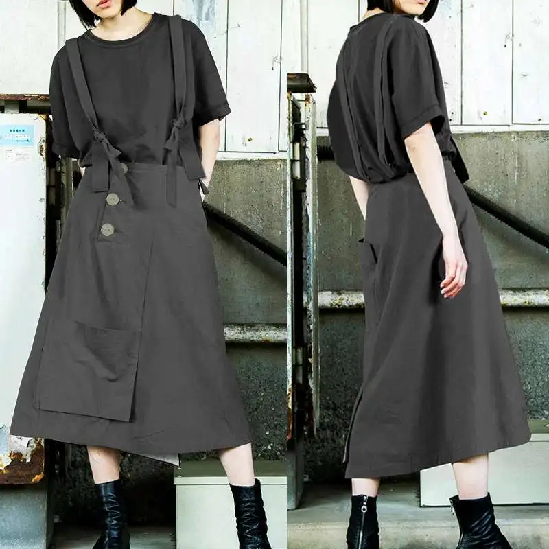 

Celmai S-5XL Women Vintage Cotton Linen Midi Dress Casual Loose Buttons Pockets Strap Beach Vestidos Femme 2019 Plus Size Dress