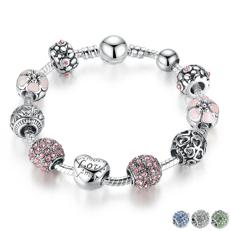 

Antique Silver Charm Bracelet & Bangle with Love and Flower Crystal Ball Women Wedding Mother's Day Gift PA1455 BAMOER