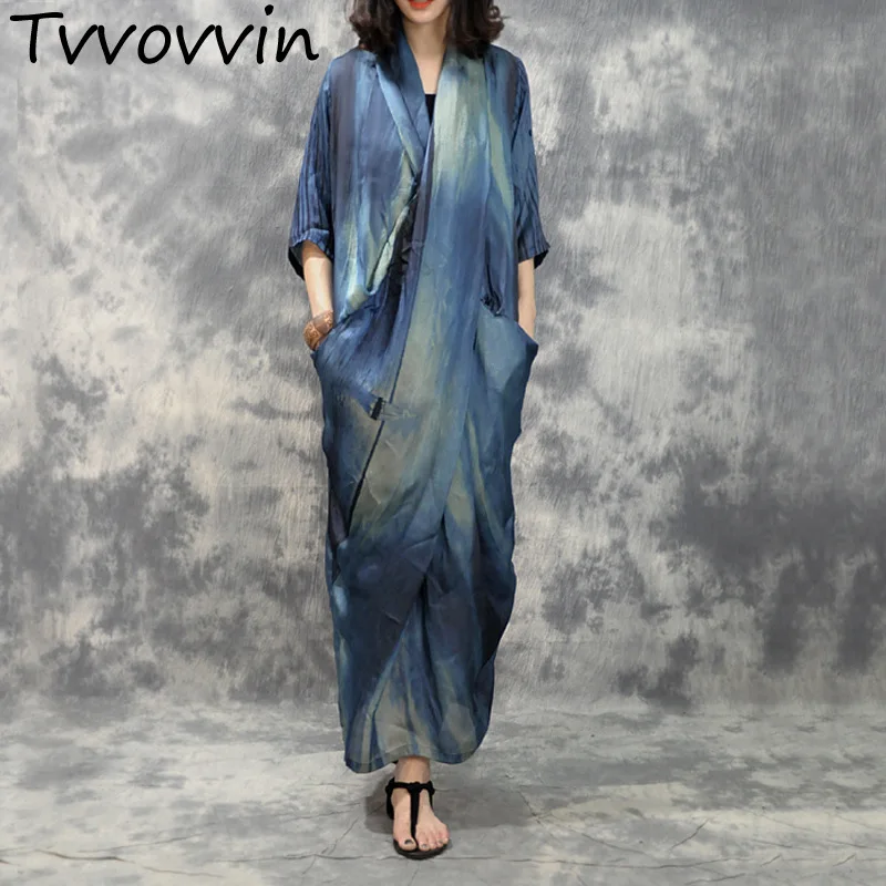 

TVVOVVIN 2019 New Cross V Collar Irregular Blue Print Pocket Female's Half Sleeve Loose Big Size Long Dress Vestido L125