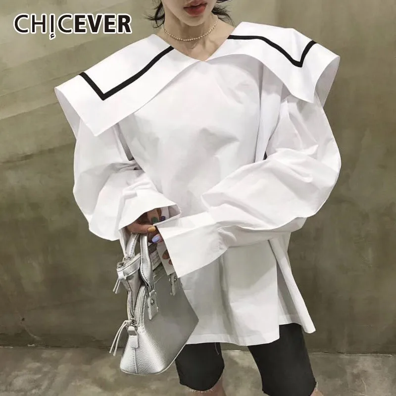 Летняя Повседневная однотонная белая женская рубашка CHICEVER с большим отворотом