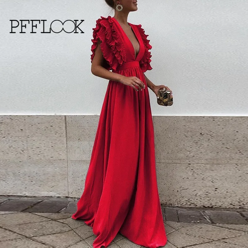 

PFFLOOK Ruffles Solid Party Dress Women Deep V Neck Elegant Sexy Long Dress 2019 Summer Fashion Female Dress Vestidos