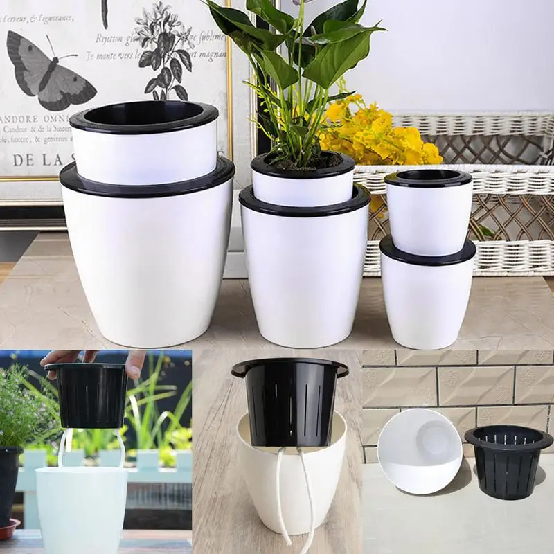 

Self-watering Plant Flower Pot Imitation Pottery Automatic Water Absorption Planting Black and White Pots groot flower pot