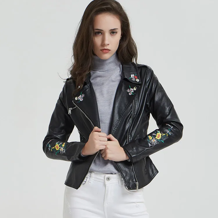 

Women Embroidery Faux Soft Leather Jacket Floral Print ramoneska Coat Turn-down Collar Slim Pu Motorcycle Black Punk Outerwear