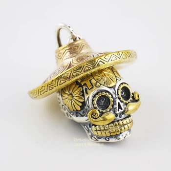 

925 Solid Sterling Silver Fashion Jewelry Sugar Skull Skeleton Split Pendant Halloween Biker for Men A2704