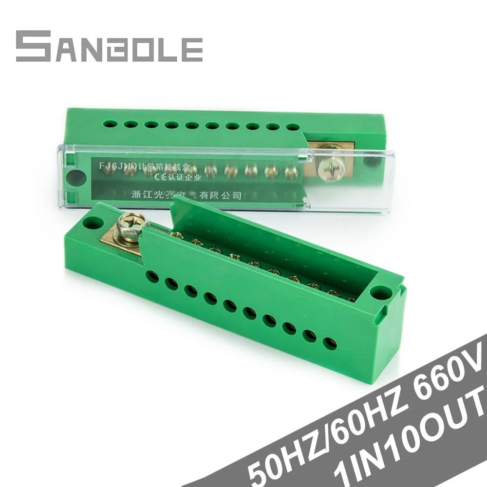 

Terminal Block Row Single phase One-in Ten-out Green Connection Distribution Box Power Cabinet Zero Line Box Brass