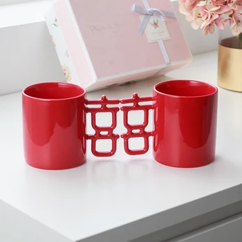 

Tradition Chinese wedding celebration gift box bceramic double happiness red joyous ceremony festive mug coffee water tea cup