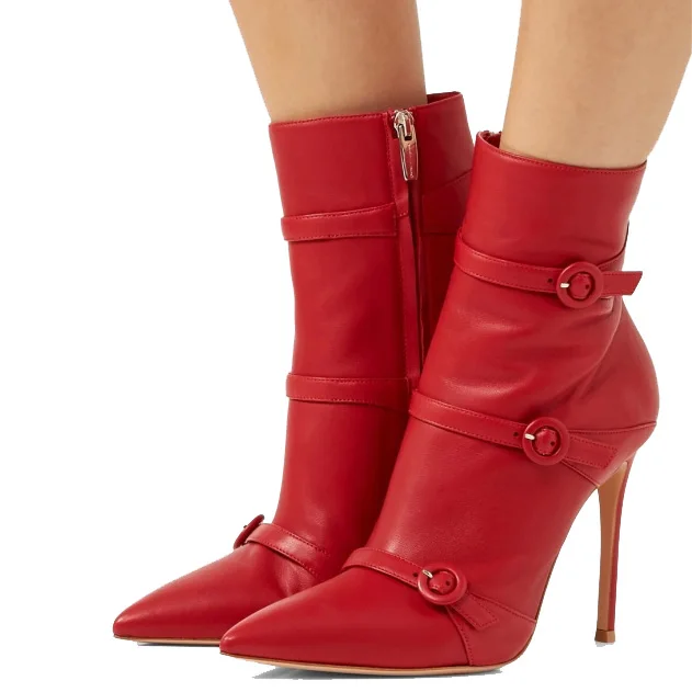 

Shiny Red Buckle Strap Winter Boots Ladies Ankle Booties