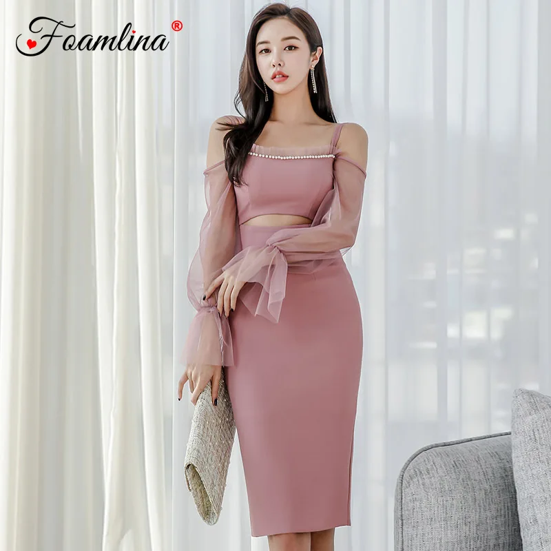 

Foamlina Sexy Spaghetti Strap Bodycon Dress Cold Shoulder Mesh Long Sleeve Cutout Waist Back Slit Club Party Sheath Pencil Dress