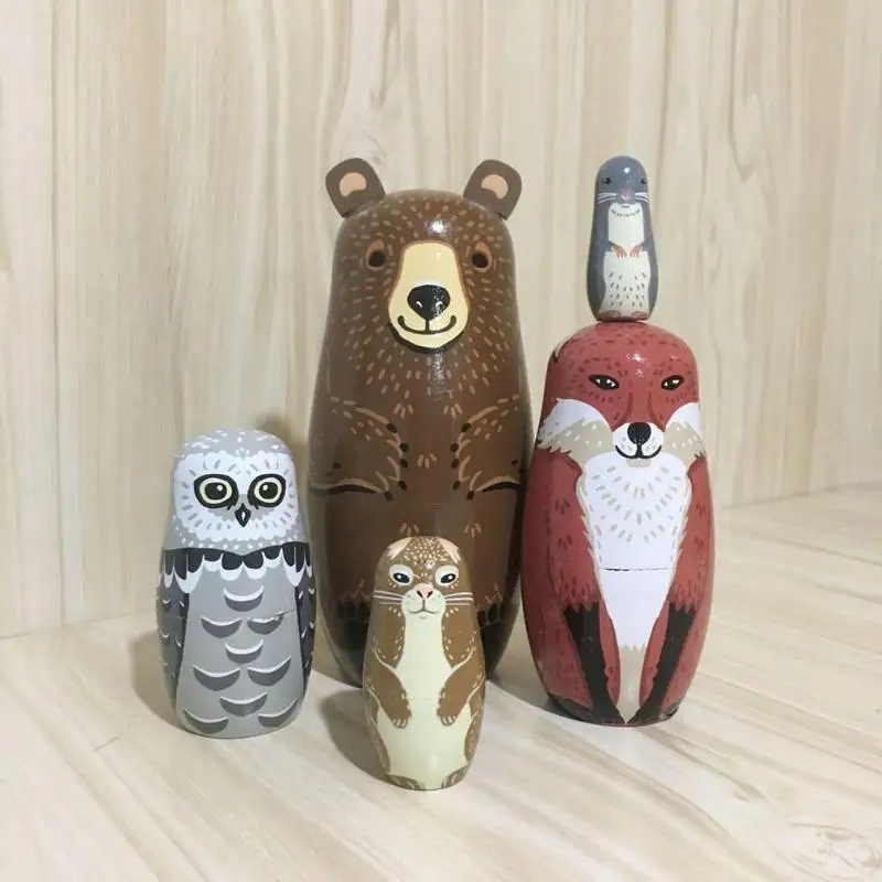 

5pcs/set Animal Bear Ear Nesting Handmade Wooden Russian Matryoshka Dolls 2019 Creative Home Decoration Toys Baby Handicraft