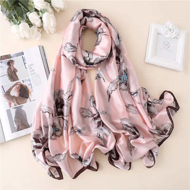 

Simulation silk scarf flower print spring and summer shawl Lady scarf simulation silk beach towel large size