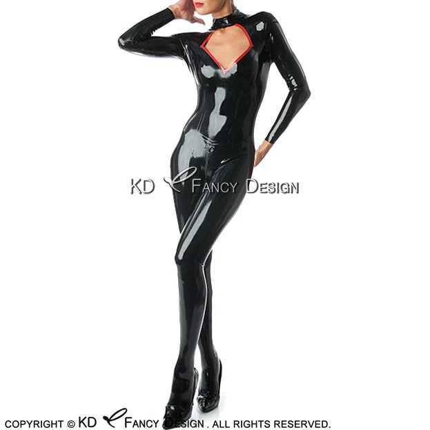 

Black With Red Sexy Latex Catsuit With Feet Socks High Collar And Back Zipper Rubber Bodysuit Zentai Overall Body Suit LTY-0254