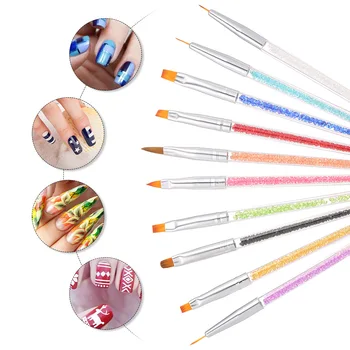 

10pcs Acrylic Nail Brushes Professional Nail Tools UV Gel Polish Painting Drawing Liner Pen Set with Acrylic Rhinestone Handle