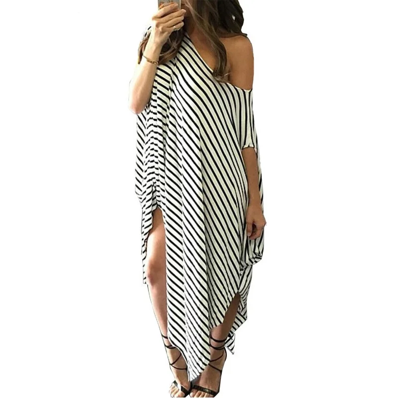 

2019 Women Summer Dress Long Maxi Loose Dress Striped Batwing Sleeve Off-shoulder Split Casual Beach Wear Plus Size Vestidos
