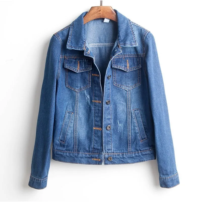 Плюс размер рваные отверстие укороченные джинсы куртка 4Xl 5Xl светло-голубой Курточка бомбер Jaqueta Джинсовые куртки с длинным рукавом