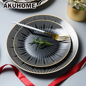 

Round Strip Ceramic Dinner Plate 6 Inch 8 Inch 10 Inch Dish Dessert Plate Snack Plate Decoration Tableware Dinner Set