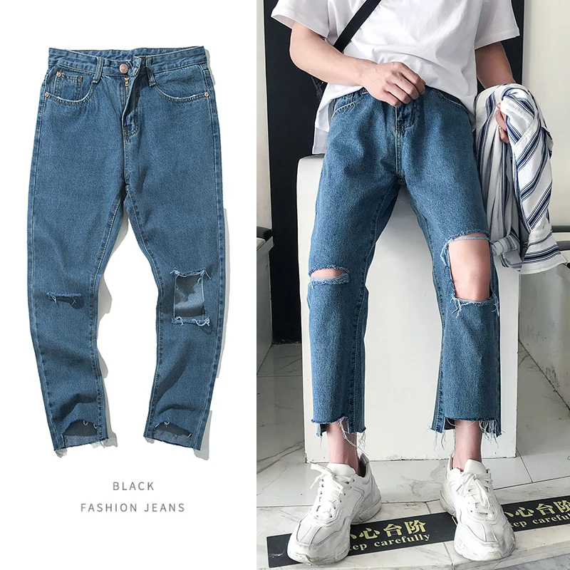 

Men's Jeans 2019 Summer New Youth Popular Loose Edging Wide Leg Pants Loose Nine Points Hole Jeans Youth Casual Men's Clothing