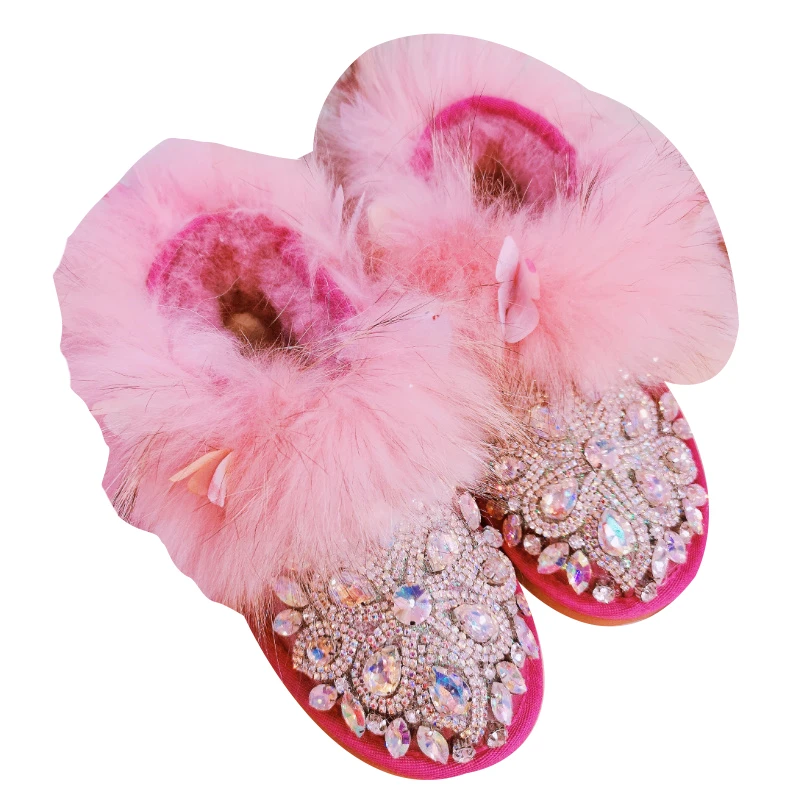 

Bling Gem Rhinestones Real Fur Snow Boots Women 2018 Warm Plush Outdoor Winter Shoes Woman Handmade Crystals Ankle Booties Botas