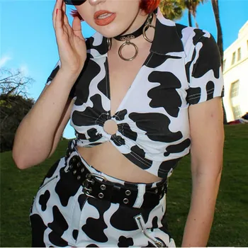 

Women Summer Beach Crop Top Turn-down Collar Grommet Cow Pattern Top Sexy Club T-shirt