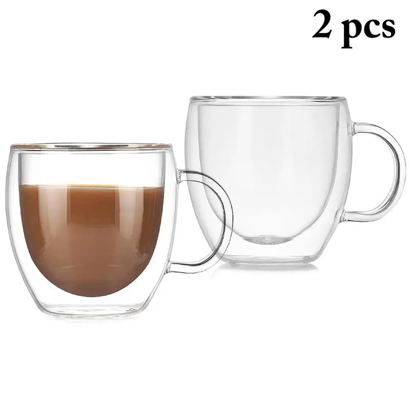 2 шт прозрачные двойные стенки изолированные стеклянные чашки для кофе, чая с ручкой стеклянная посуда для молока, пива, супа, вина чашки