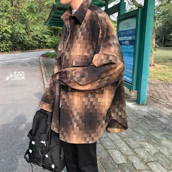 

2019 Spring Korean Style Men's Lattice Classic Style Patchwork Hawaiian Loose Coats French Cuff Brand Fashion Shirts M-2XL