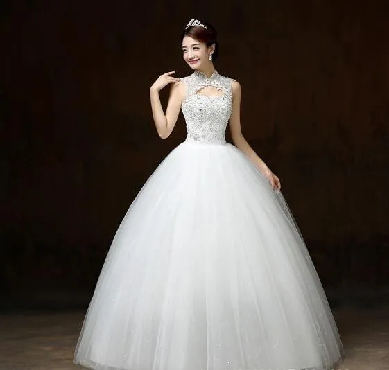 

Robes De Mariee Appliques Ball Gown Wedding Dresses Lace Sleeveless High Neck Lace Up Beaded Bride Gowns Elegant Wedding Dresses