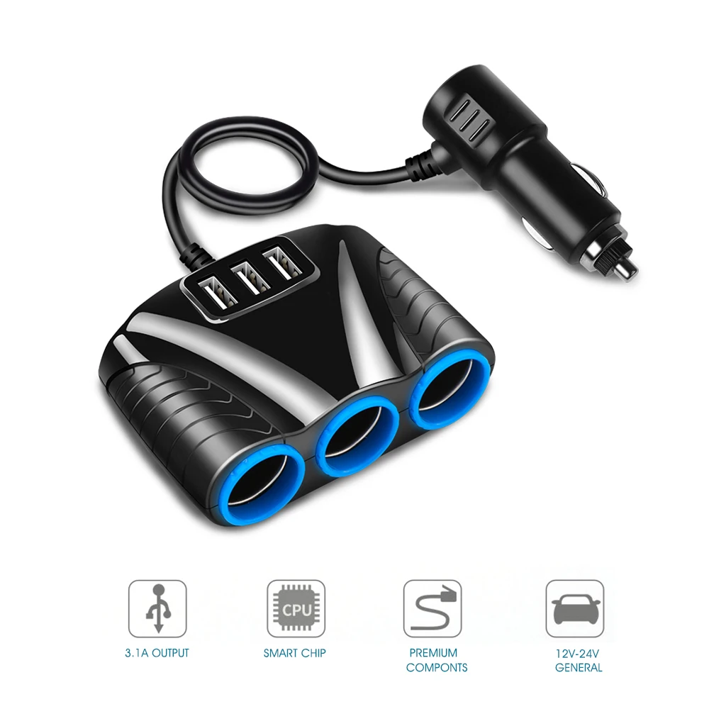 3.1A 12 V-24 V зарядных порта USB для автомобиля Зарядное устройство 3 в 1 прикуривателя