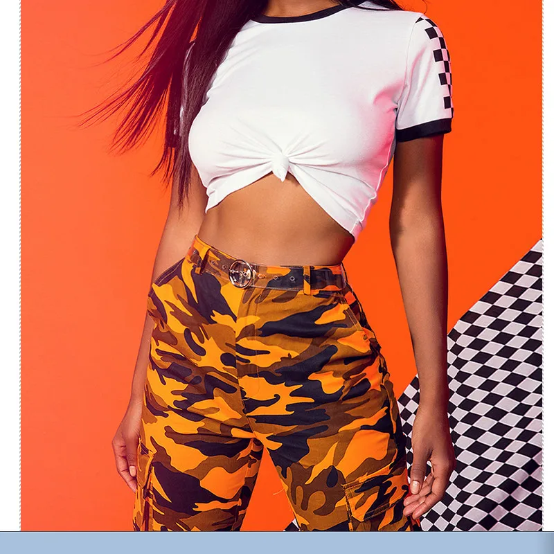

Summer Womens Cotton Short Sleeve T-Shirt Ladies Checkered Crop Top T-Shirt