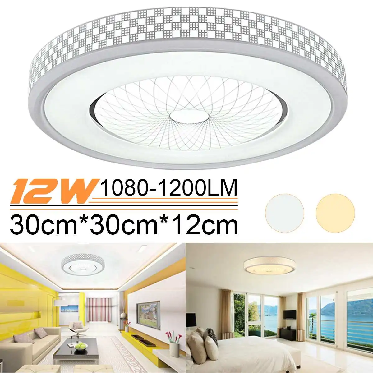 

12W 1080LM Round LED Ceiling Light Flush Mount Light Fixture Modern For Bathroom Study Living Room Lamp White/Warm White