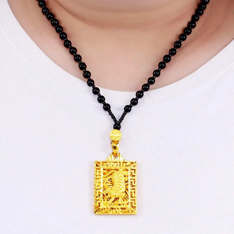 

Keep Color Vietnam Alluvial Gold Necklace Chinese Zodiac Tiger Animal Square Pendant Round Beads Necklace for Men