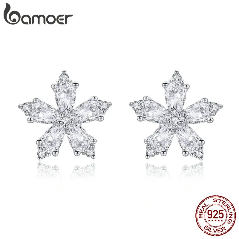 

BAMOER Authentic 925 Sterling Silver Winter Crystal Ice Flower Stud Earrings for Women Sterling Silver Earrings Jewelry SCE486