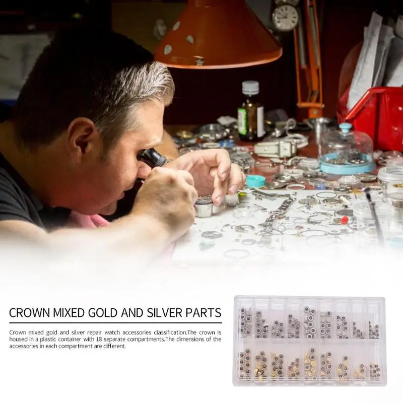 

140pcs Watch Crown Parts Replacement Assorted Gold & Silver Dome Flat Head Watch Accessories Repair Tool Case for Watchmaker