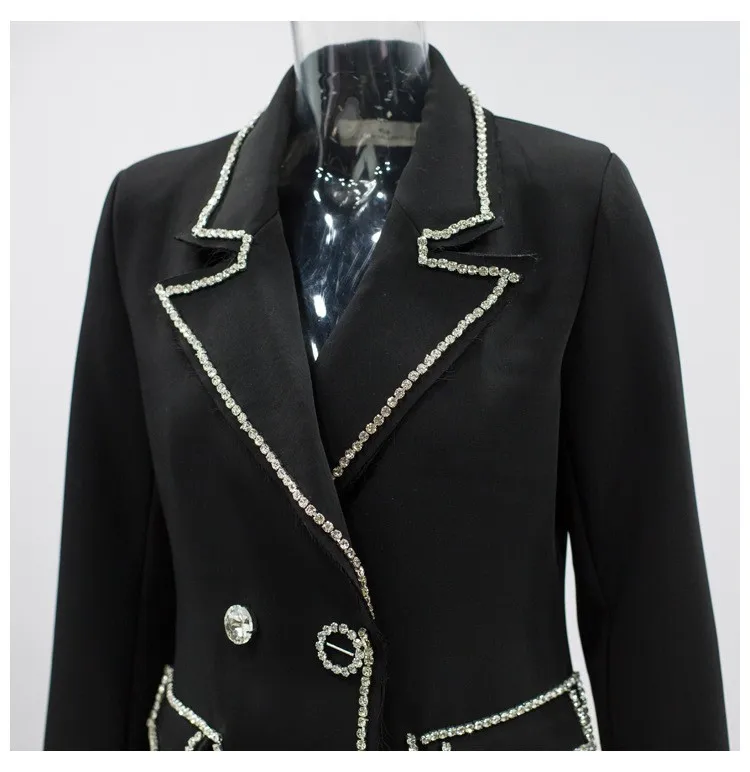 ZOUHIRC 2019 Designer Rhinestone Blazer Women Double Lion Buttons Shawl Collar Glitter Crystal Long Black Blazers High Quality