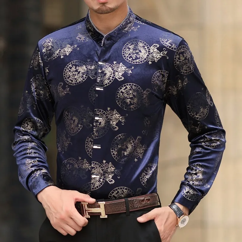 

2018 Spring Fashion New Patterns Print Shirt Velvet Shirt Men Long Sleeve Camisa Masculina Business Immiate Silk Flower Shirt