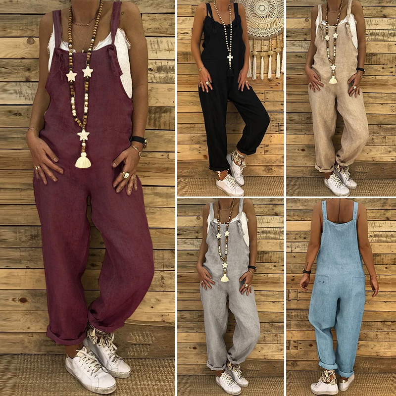 

ZANZEA 2019 Summer Pantalon Women Overalls Vintage Cotton Jumpsuits Playsuit Female Harem Pants Pantalon Plus Size Rompers S-5XL