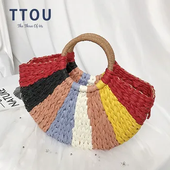 

TTOU Summer Colorful women Bags Women Pompon Beach Weaving Ladies Straw Bag Wrapped Beach Bag Moon shaped women handbag