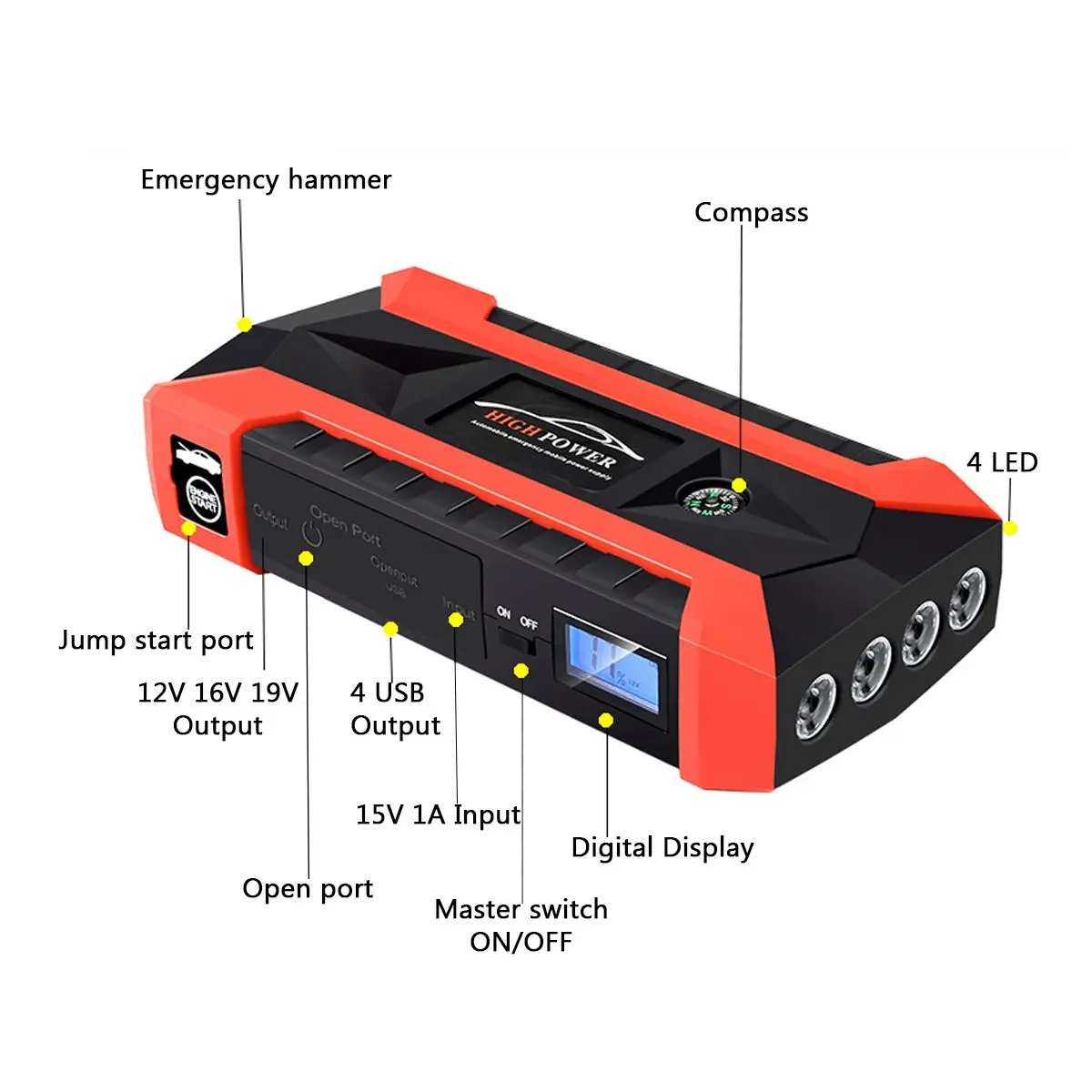 89800mAh Car Jump Starter Multifunction Emergency Charger Battery Power Bank Pack Booster 12V 4USB Starting Device Waterproof