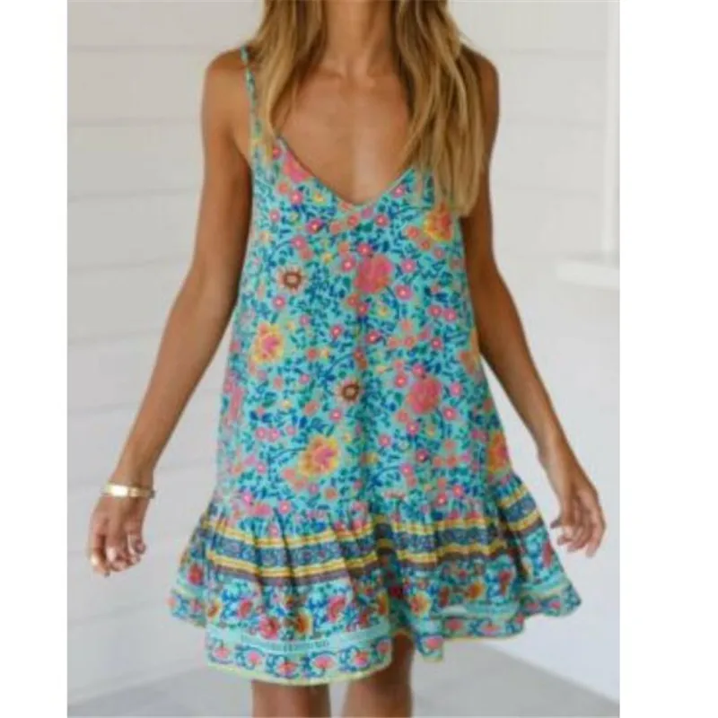 

Summer Women's Mini Dress Bohemian Floral Printed Deep V Neck Backless Party Sundress Ladies' New Sexy Strappy Vestido Hot Sale