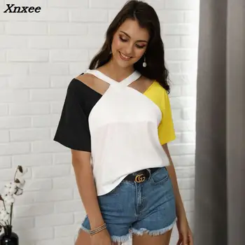

2018 New Fashion Holiday Summer Women Leisure Tee Contrast Color Cutout Shoulder Casual T-Shirt Xnxee
