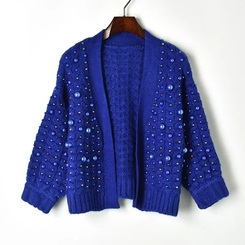 2018 Vintage Full Beading Pearls Twist Knitting Cardigans Short Long Sleeve Cashmere Sweater Women's Fall Spring Cardigan Coat |